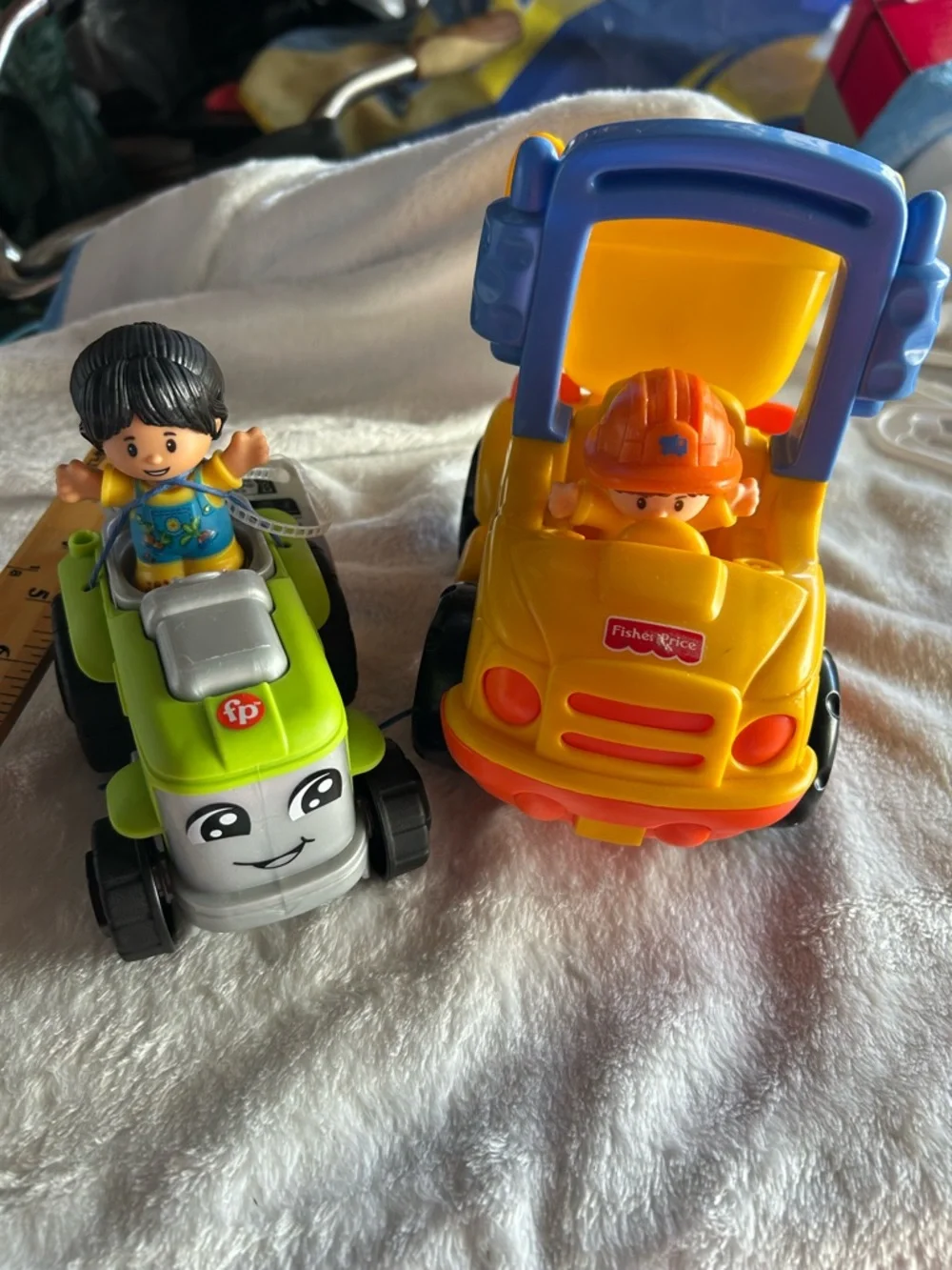 Fisher-Price Bright Yellow Dump Truck with Green Ride-On Car